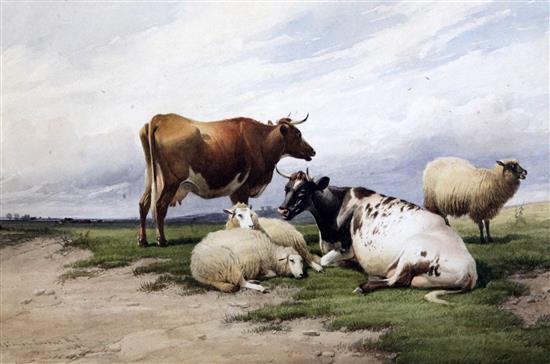 Thomas Sidney Cooper (1803-1902) Cattle and sheep and Cattle watering 10 x 15.5in.